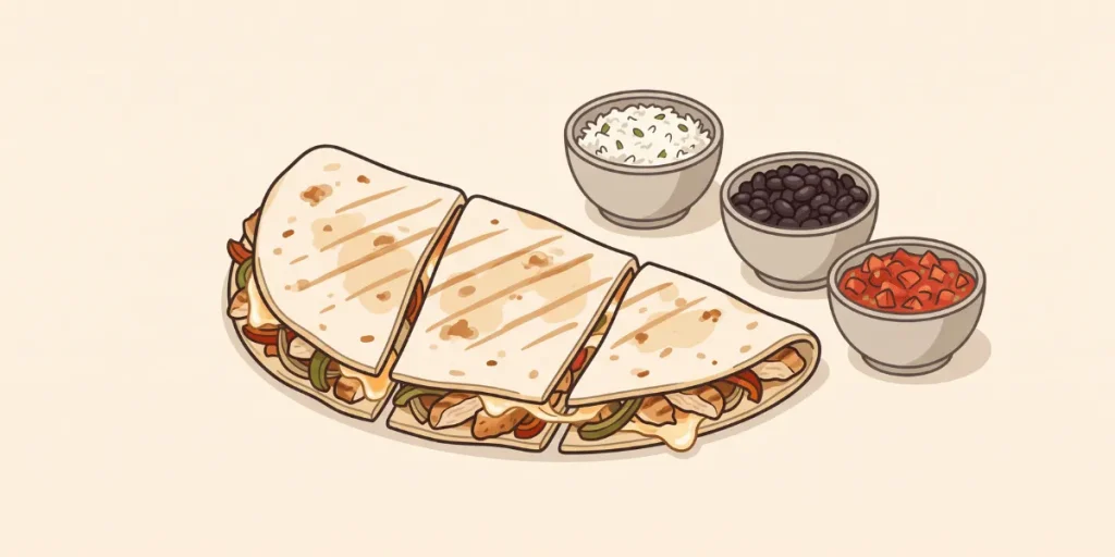 Illustrated quesadilla with rice, beans and salsa for a chipotle quesadilla nutrition guide