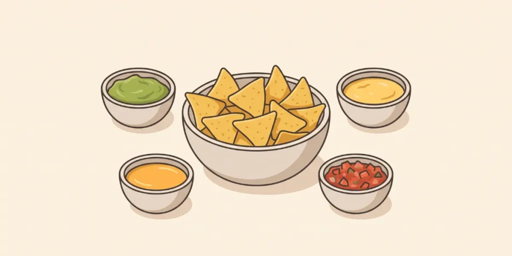 Illustrated tortilla chips with guacamole, queso and tomato salsa for chipotle chips nutrition
