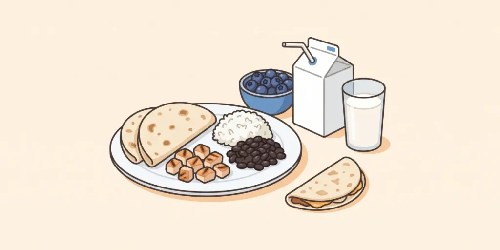 Illustrated chipotle kids meal with tacos, chicken, rice, beans, fruit, milk and quesadilla