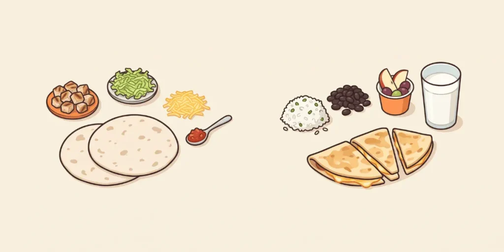 Kids Build Your Own meal and Kid’s Quesadilla shown side by side