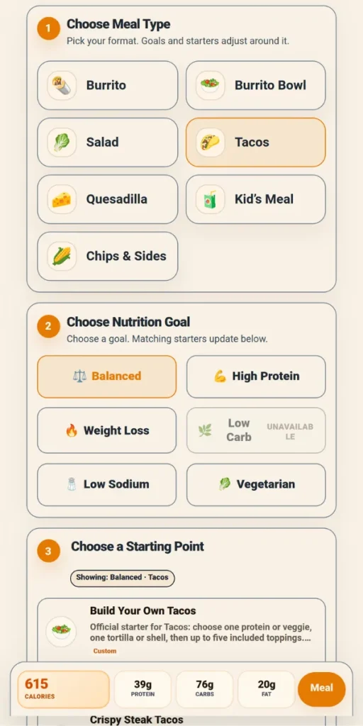  Meal type selector with burrito, bowl, salad, tacos, quesadilla, kids meal and sides