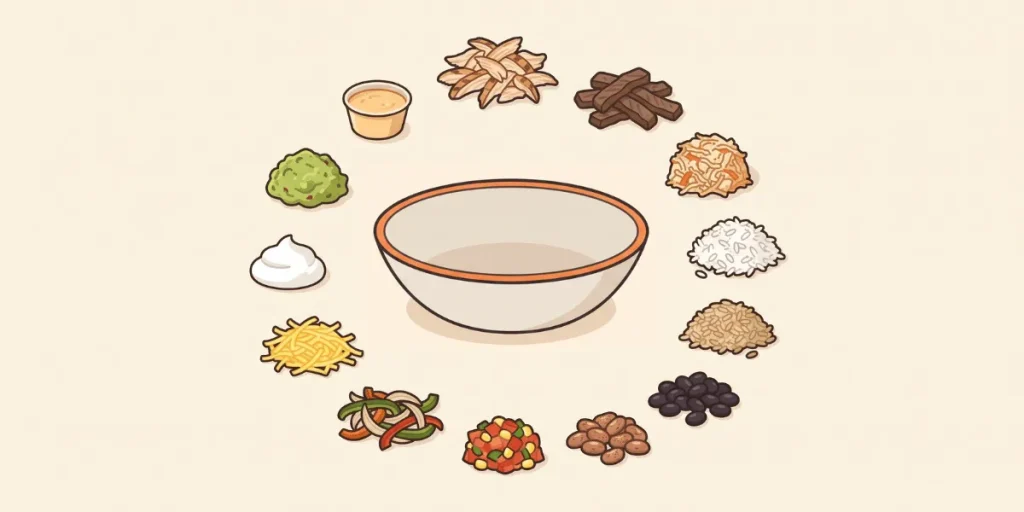 Burrito bowl ingredient choices arranged for calorie and macro comparison