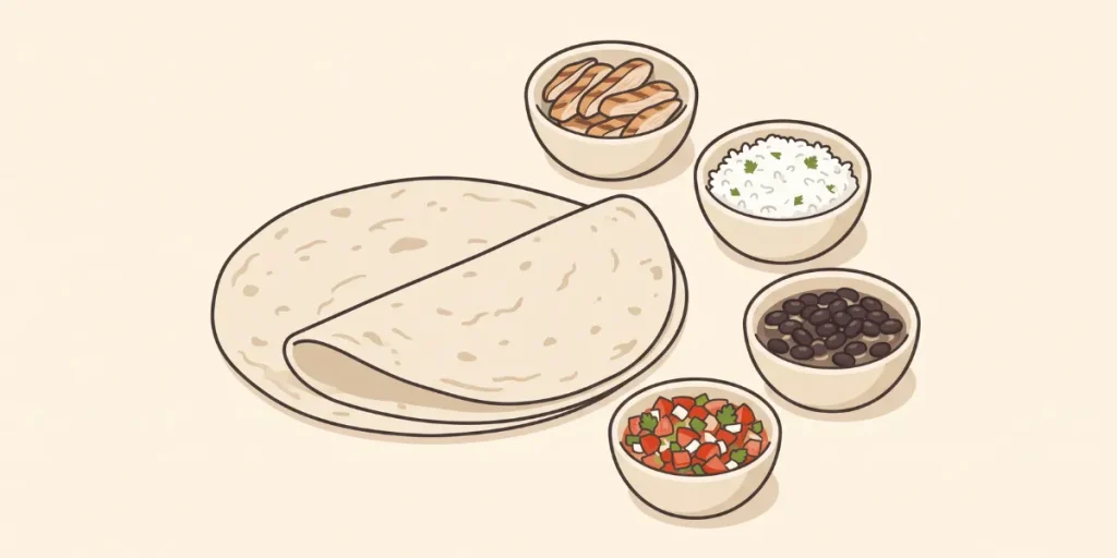 Illustrated flour tortilla representing the burrito baseline before fillings