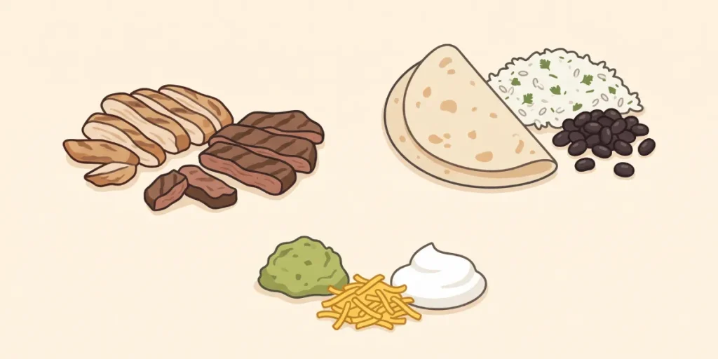 Illustrated protein, carbohydrate and fat ingredient groups for a chipotlee macros guide