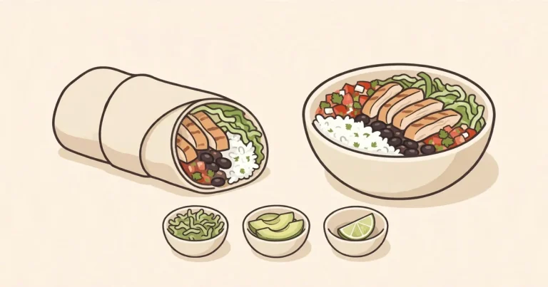 Illustrated Chipotle burrito and burrito bowl side-by-side comparison