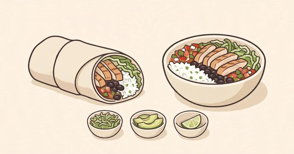 Illustrated Chipotle burrito and burrito bowl side-by-side comparison