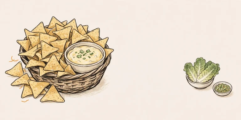Illustrated contrast between an overflowing basket of chips with queso and a small bowl of lettuce with salsa