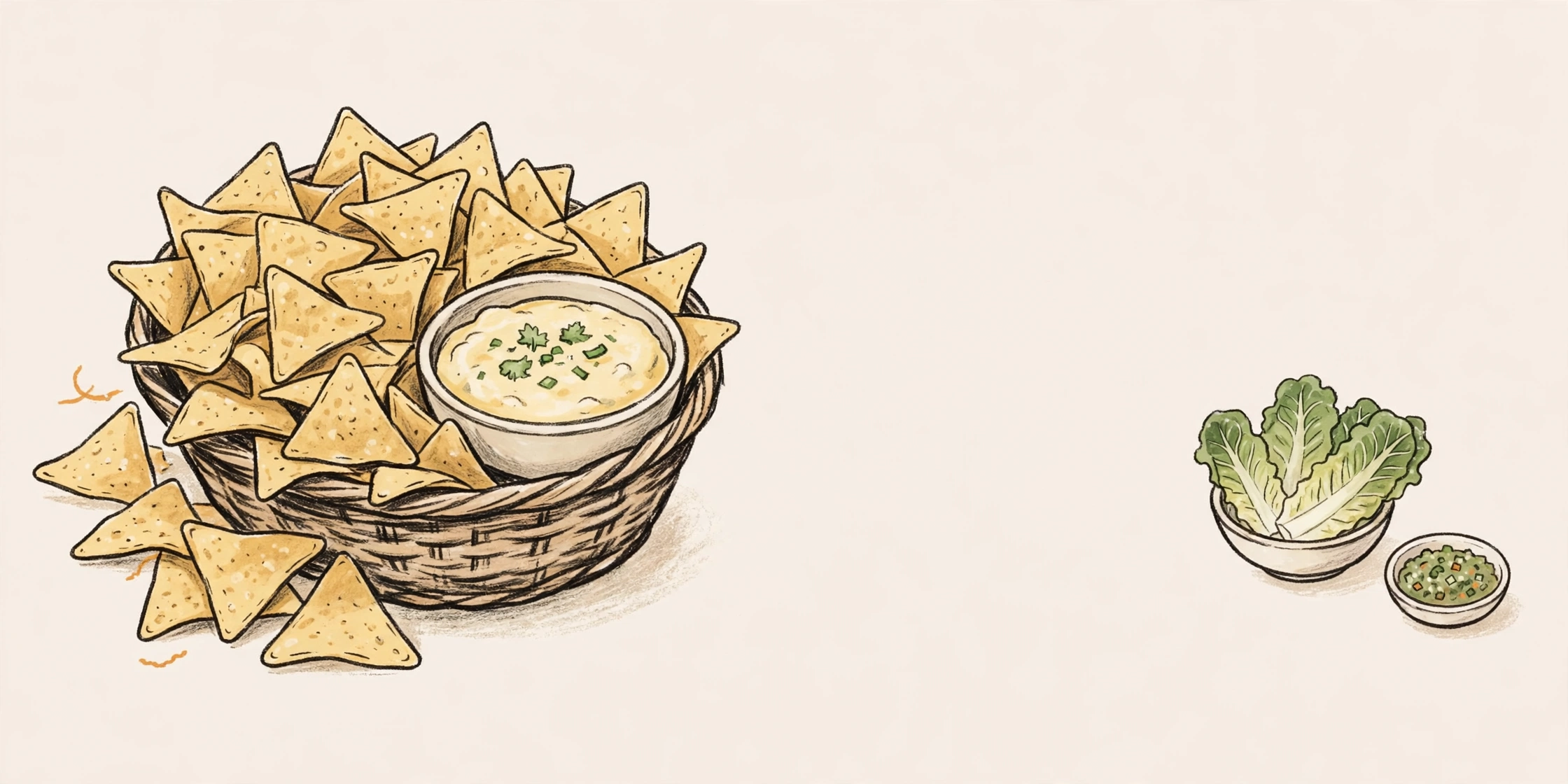 Illustrated contrast between an overflowing basket of chips with queso and a small bowl of lettuce with salsa