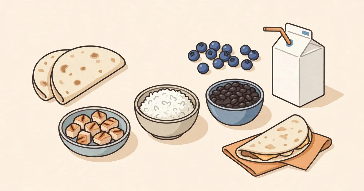 Illustrated Chipotle kids meal with tacos, chicken, rice, beans, blueberries, milk and quesadilla