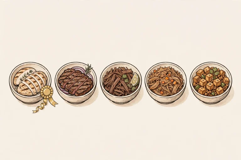 Illustrated ranking of Chipotle proteins in bowls, with chicken marked first